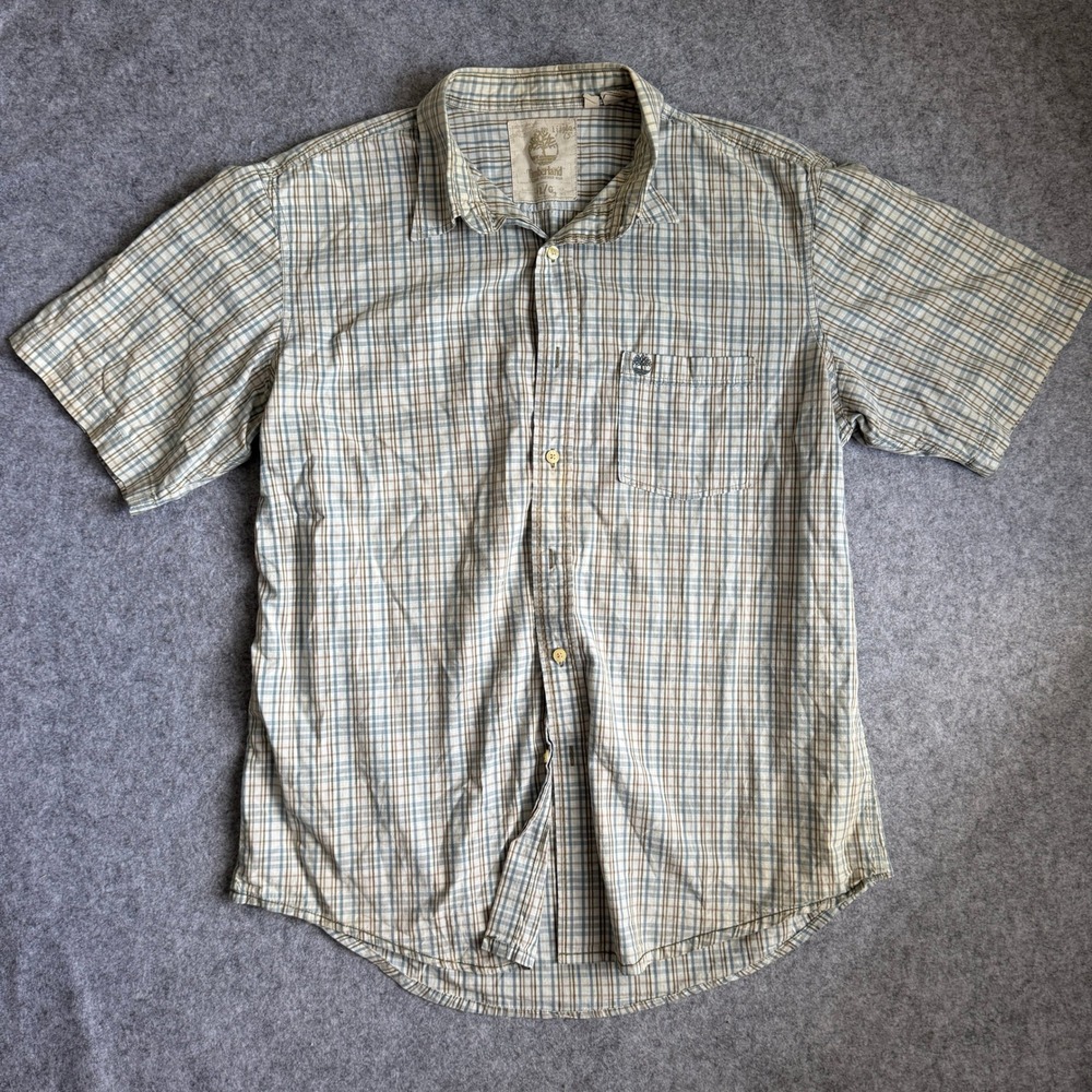 Timberland Mens Plaid Short Sleeve Button Down Shirt Large Blue Tan Cotton